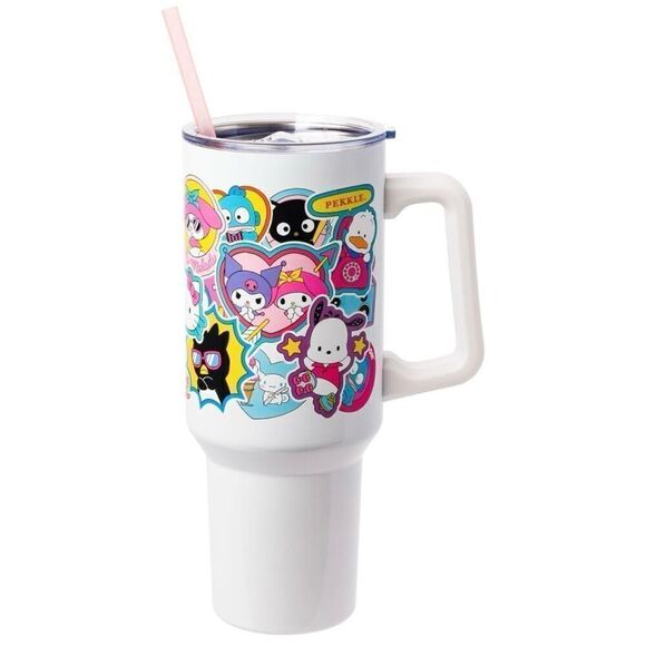 Hello Kitty Sanrio 40oz Tumbler w/ Handle & Straw Sticker Collage Design - Picture 1 of 15